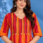 Close-up view of the V-neck and yoke featuring intricate thread embroidery and pintuck detailing on the orange handloom cotton midi dress for women.