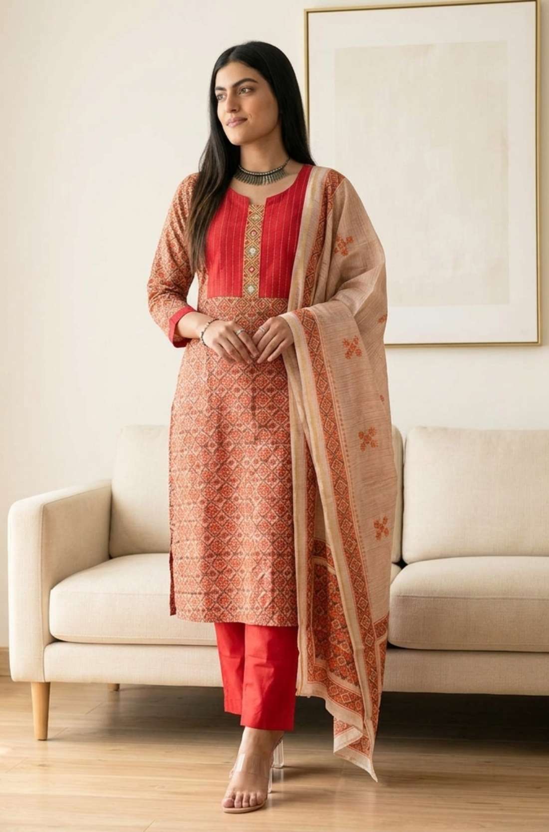 Left side angled view of a woman posing in a luxurious cream pashmina silk kurta set paired with an elegant dupatta