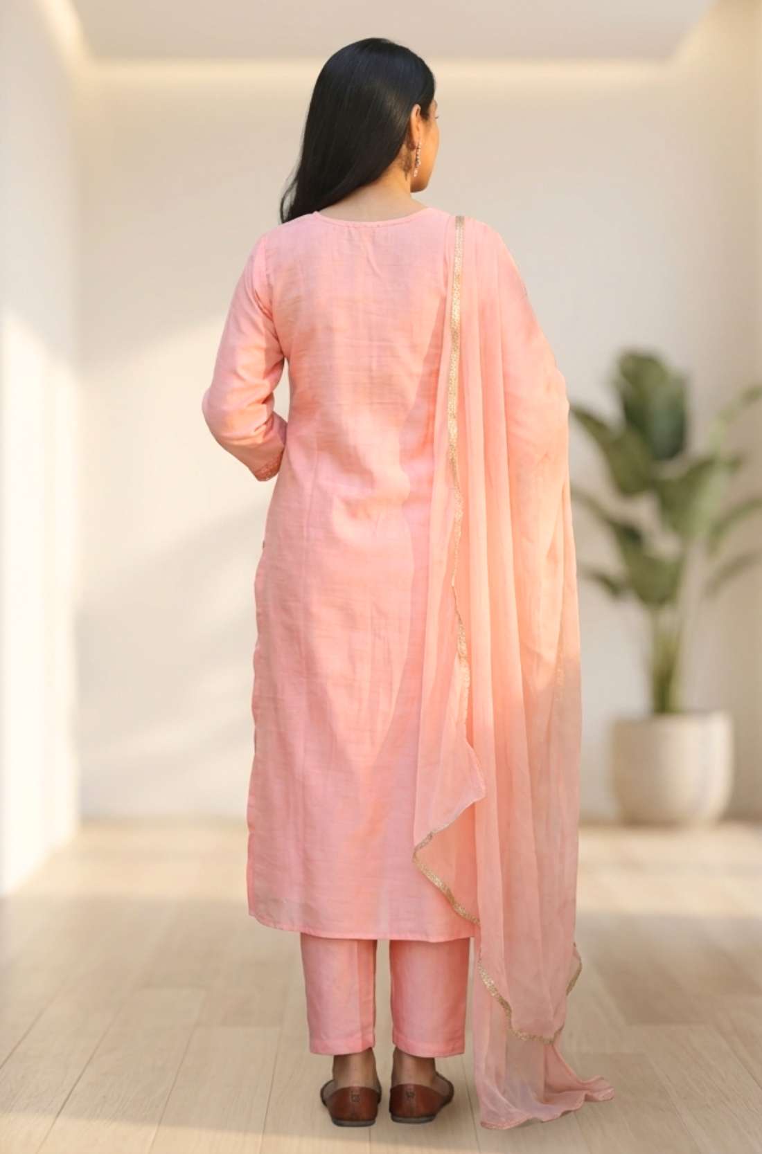 Women's Peach Embroidered Kurta Set with Dupatta Back View