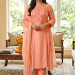 Women's Peach Embroidered Kurta Set with Dupatta Front View