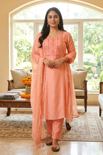 Women's Peach Embroidered Kurta Set with Dupatta Front View