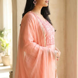 Women's Peach Embroidered Kurta Set with Dupatta Side Profile View