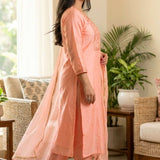Women's Peach Embroidered Kurta Set with Dupatta Side View
