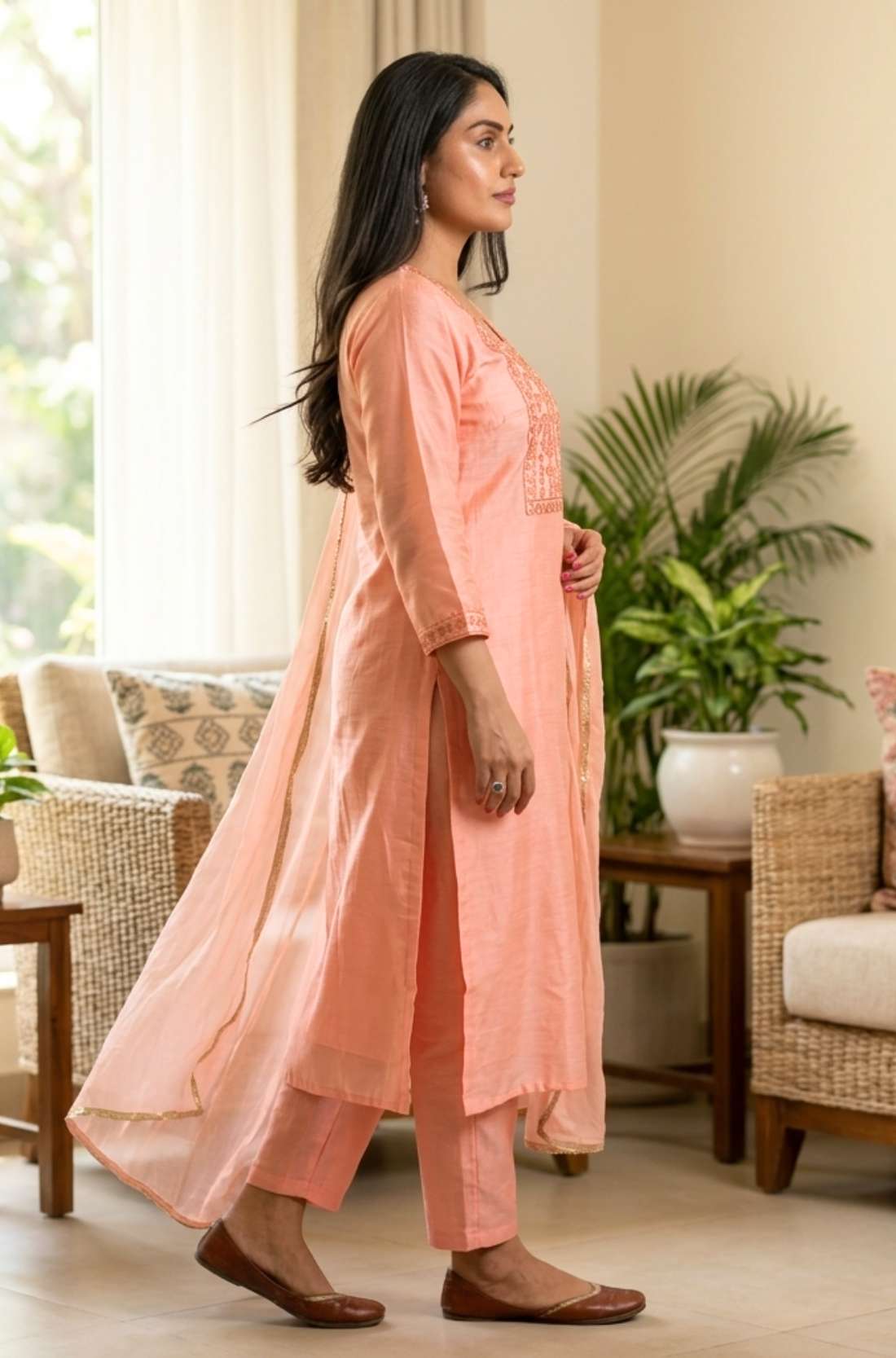 Women's Peach Embroidered Kurta Set with Dupatta Side View