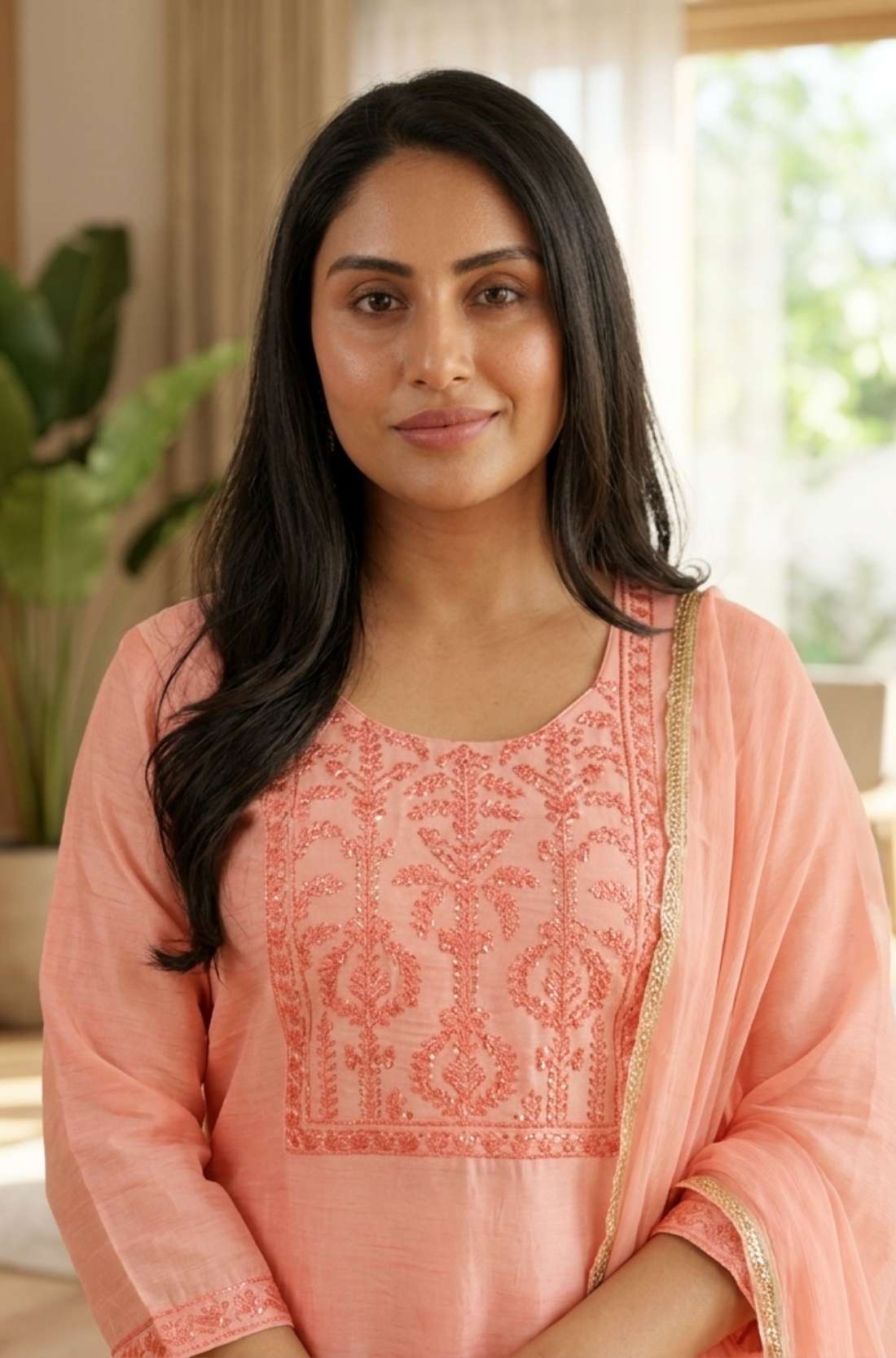 Peach Embroidered Kurta Neckline Detail