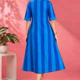 Full back view of the Philippine Blue striped handloom cotton pintuck embroidered midi dress highlighting the clean tailoring and flared silhouette.