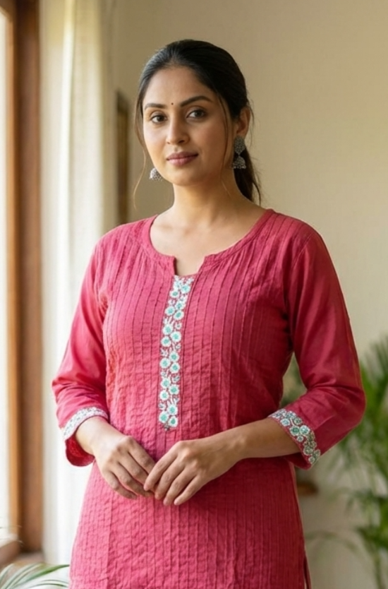 A portrait of a woman wearing a pink embroidered kurta, showcasing the elegant fit and fabric texture.