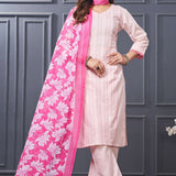 Front profile view of a model in a pink cotton ethnic kurta set displaying the straight-cut pants silhouette and the beautiful pattern of the draped matching dupatta