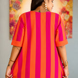 Back view of the pink piano pure handloom cotton tunic highlighting the vertical striped pattern and comfortable loose fit.