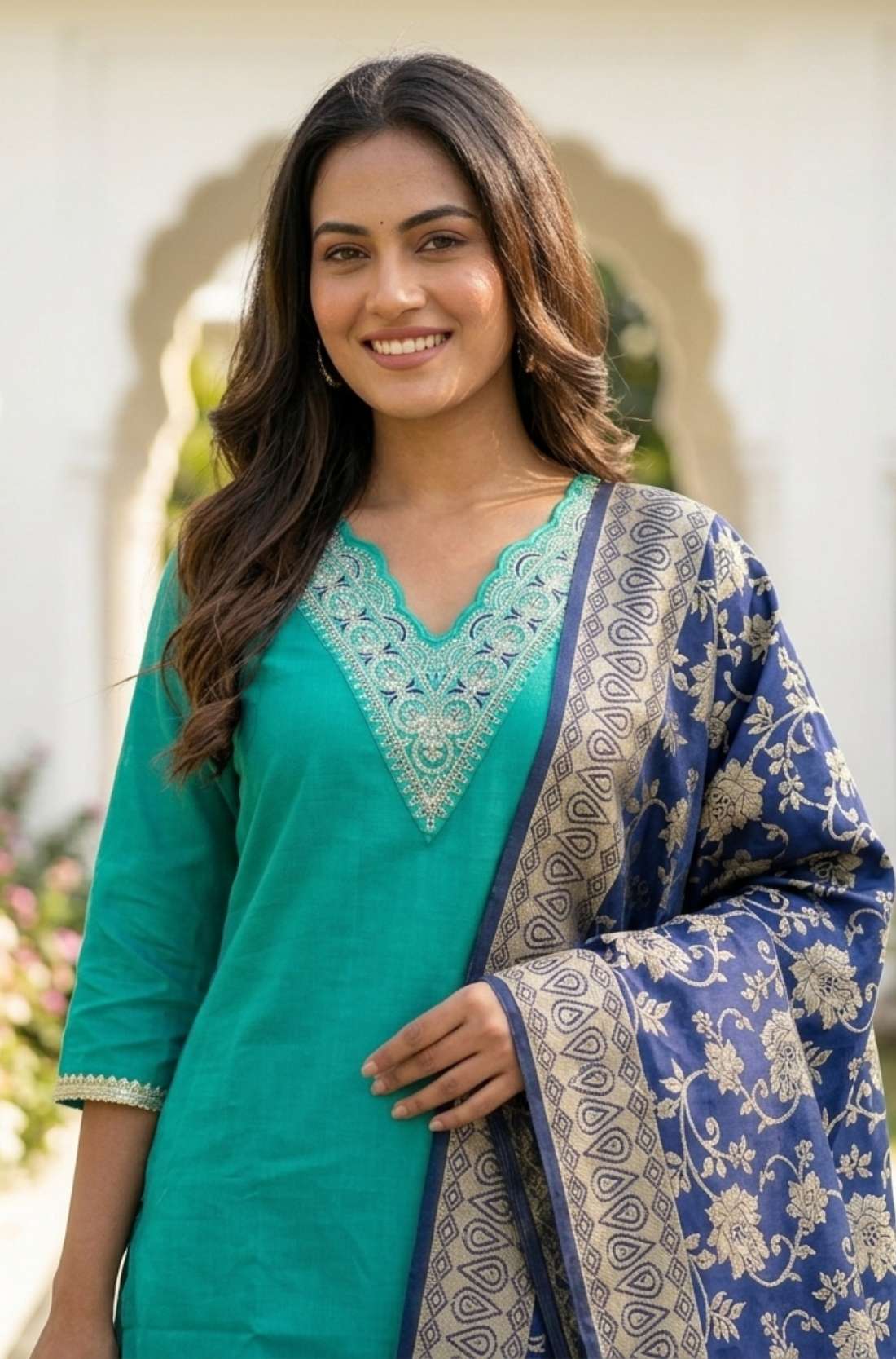 Detailed close-up shot of the rama green cotton kurta showcasing the delicate white floral thread embroidery and fine stitch detailing along the V-neck yoke.