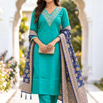 Rama Green 3-piece cotton kurta set with scalloped V-neck embroidery and contrasting blue Banarasi silk dupatta