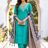 Rama Green 3-piece cotton kurta set with scalloped V-neck embroidery and contrasting blue Banarasi silk dupatta