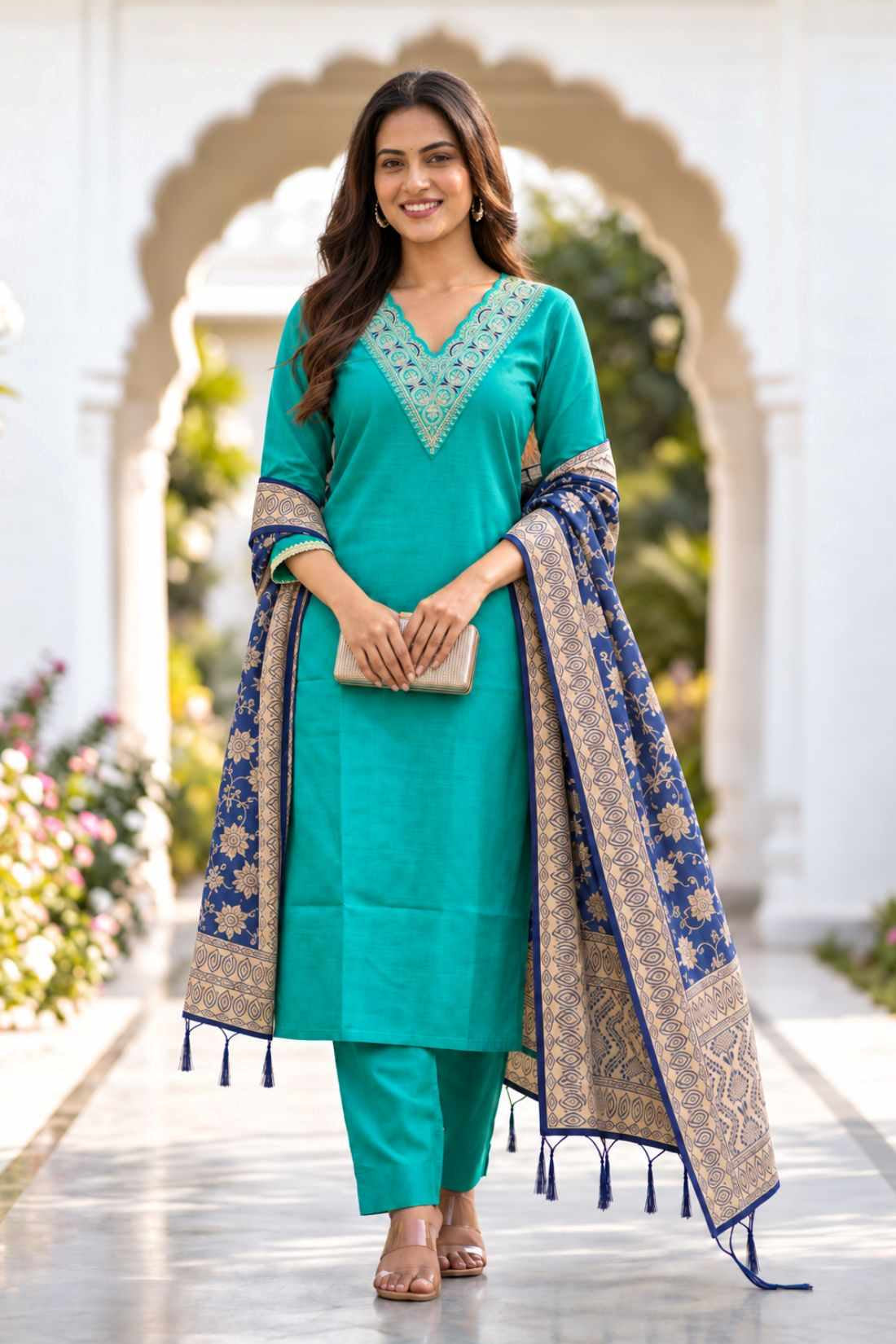 Rama Green 3-piece cotton kurta set with scalloped V-neck embroidery and contrasting blue Banarasi silk dupatta