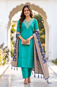 Rama Green 3-piece cotton kurta set with scalloped V-neck embroidery and contrasting blue Banarasi silk dupatta