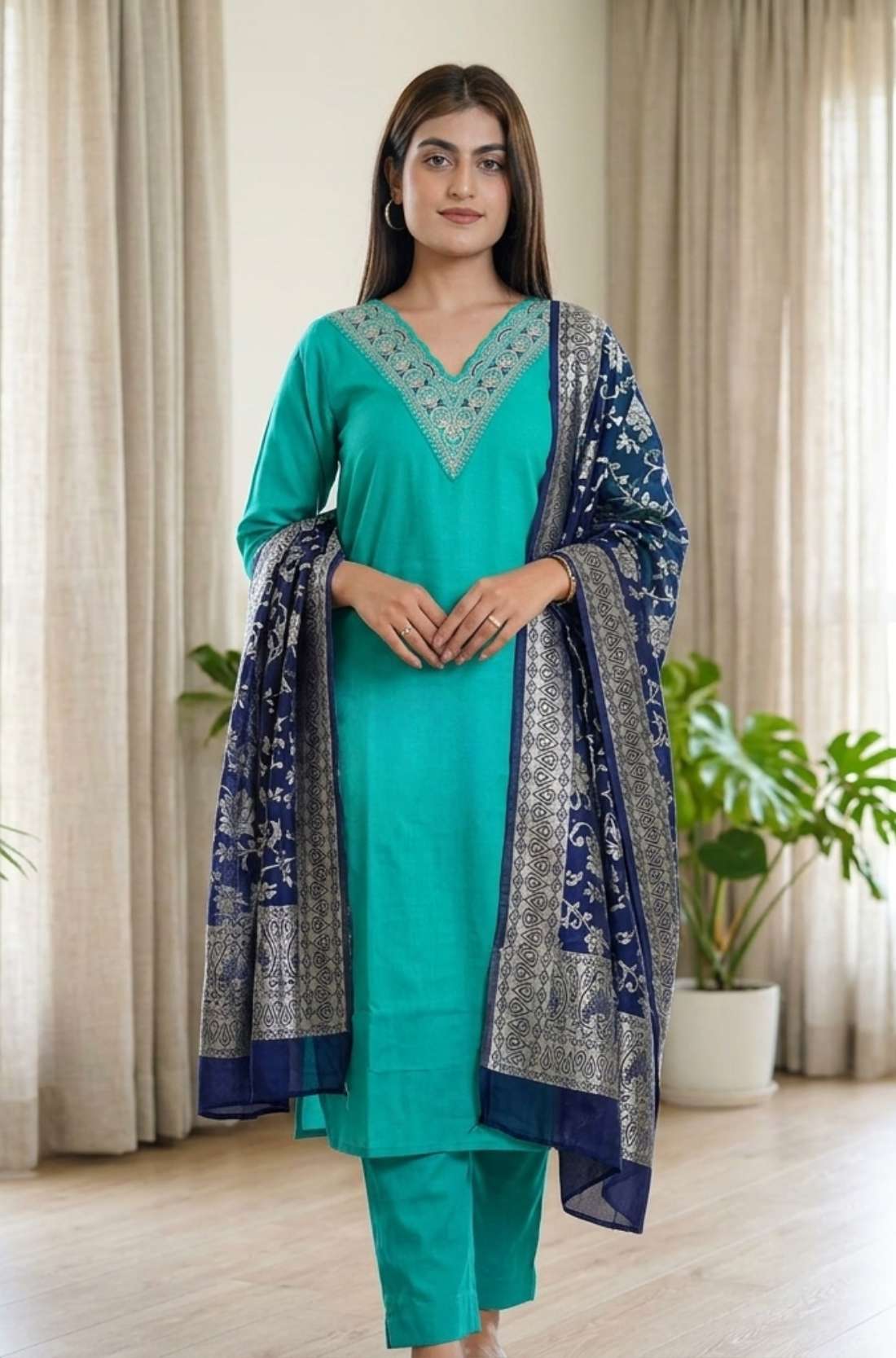 Front full length view of a model in a rama green embroidered kurta set with straight pants and a matching printed dupatta