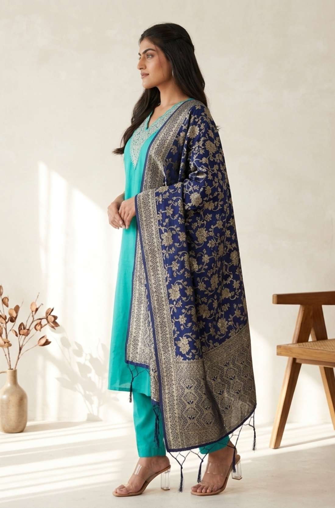 A smiling woman sitting on a sofa wearing a stylish rama green embroidered cotton kurta set with a matching dupatta
