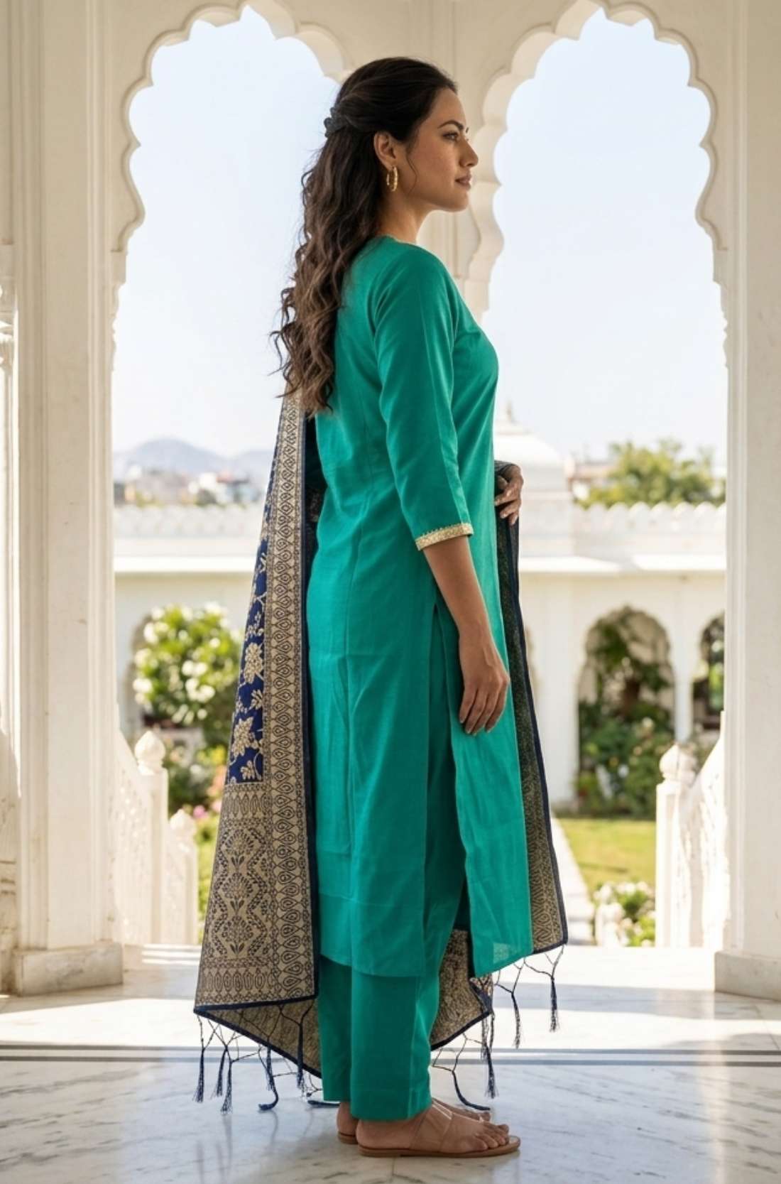 Side profile view of the rama green straight-fit embroidered kurta set, displaying the clean drape of the fabric and the elegant fall of the matching printed dupatta.