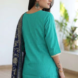 Back view of the straight fit rama green embroidered kurta suit showcasing the matching trousers and drape of the dupatta