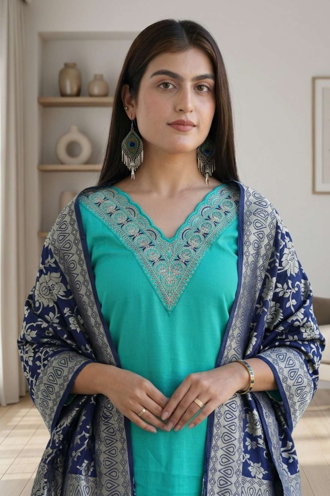 Left side angled view of a woman posing in a premium rama green embroidered kurta set displaying the complete outfit