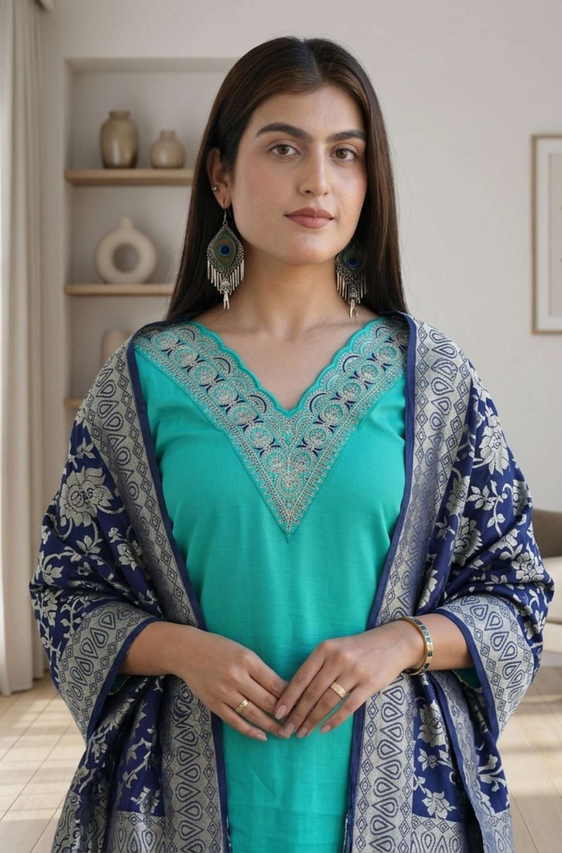 Left side angled view of a woman posing in a premium rama green embroidered kurta set displaying the complete outfit