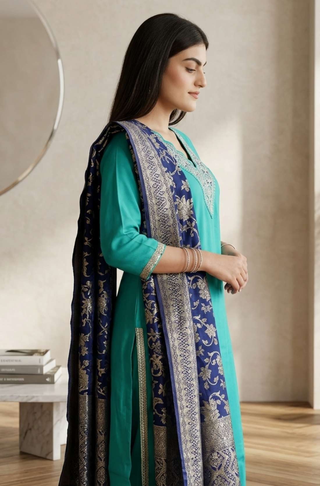 Side profile view of a woman wearing a rama green ethnic embroidered suit showcasing the sleeve details and straight cut pants