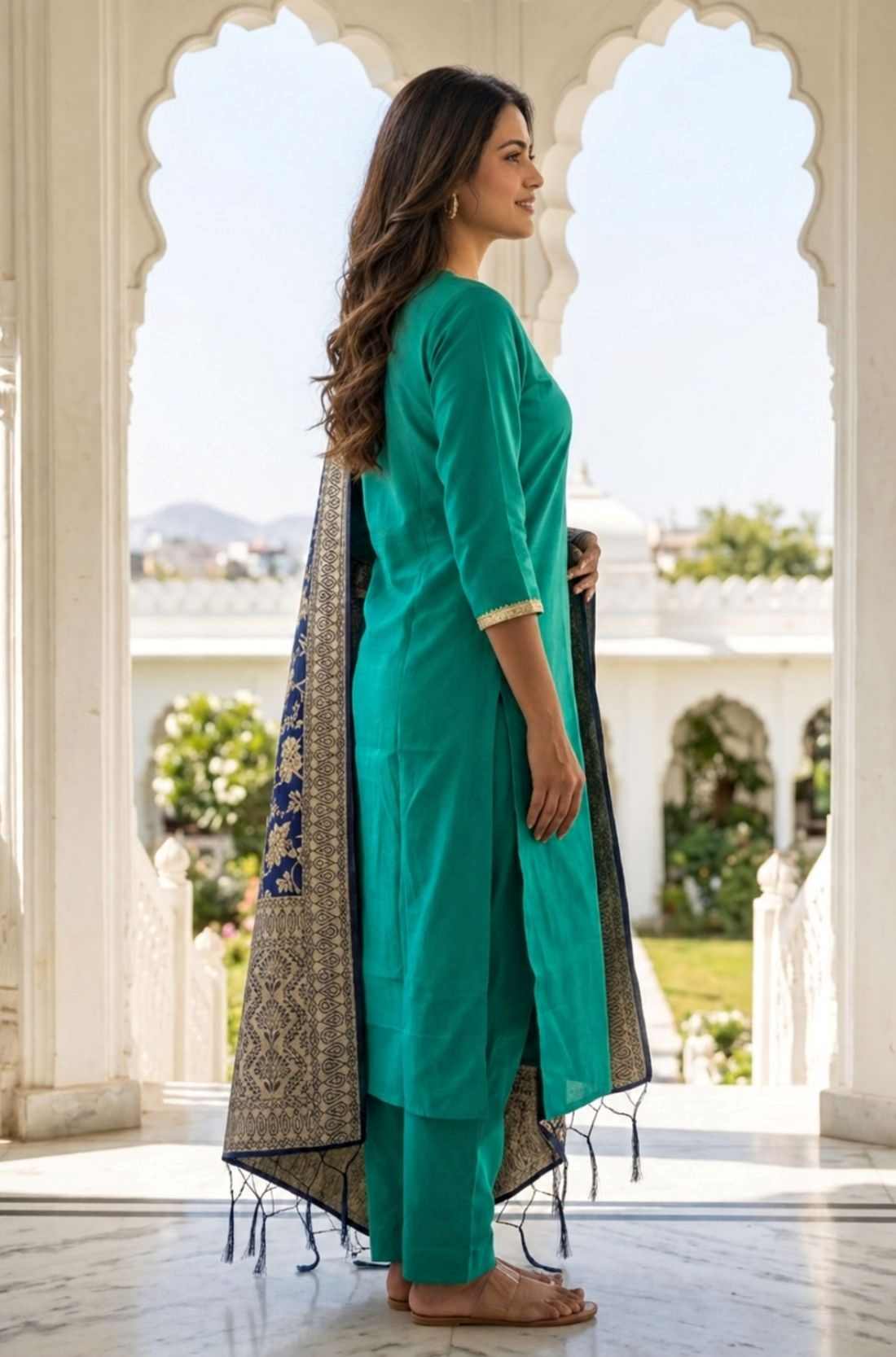 Side profile of woman wearing Rama Green straight kurta and trouser set with tasselled Banarasi silk dupatta