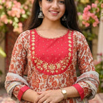 Detailed close-up shot showcasing the traditional paisley and floral print layout along the neckline panel of the red pashmina silk kurta variant designed without circle motifs.