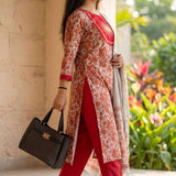 Side profile view of the red pashmina silk kurta design without circle motifs, showcasing the elegant fit and flow of the printed fabric.