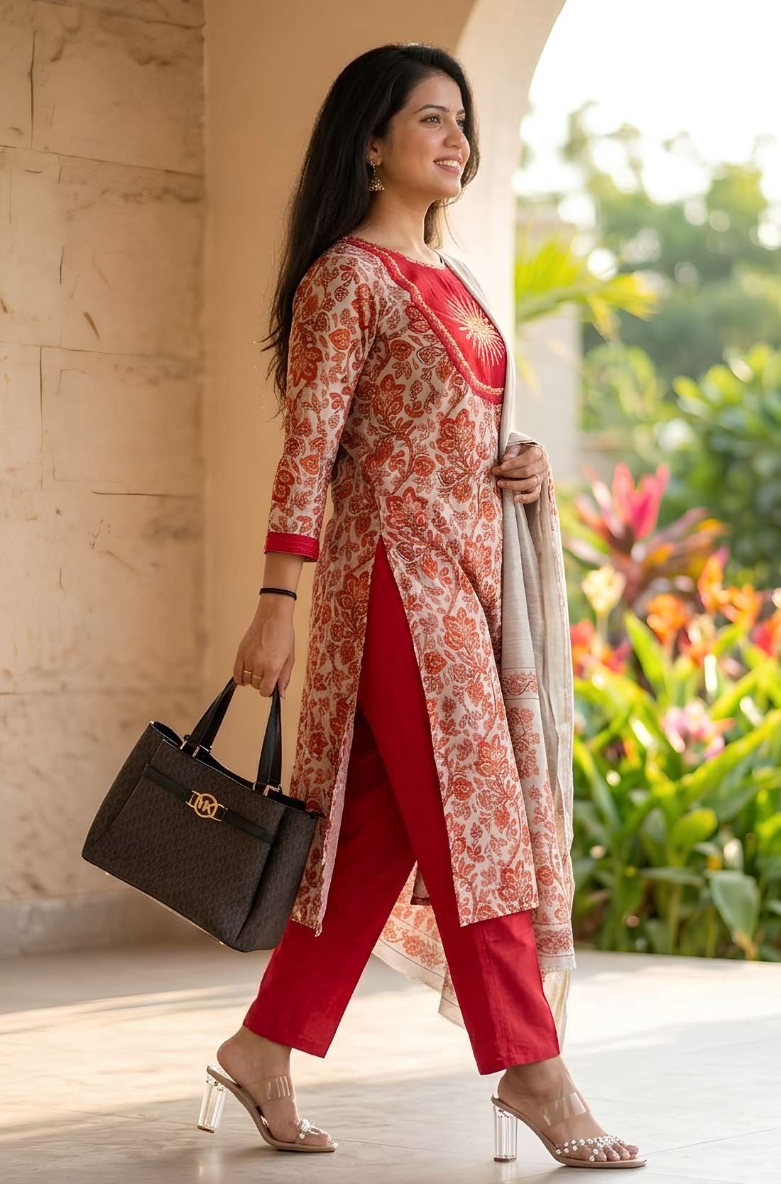 Side profile view of the red pashmina silk kurta design without circle motifs, showcasing the elegant fit and flow of the printed fabric.
