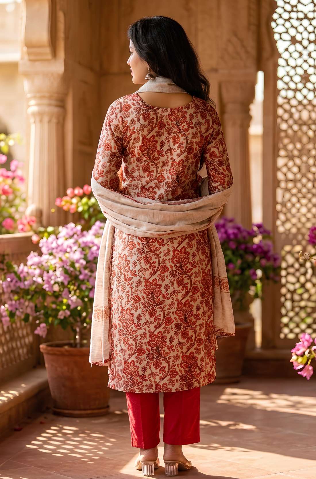 Rear view of the red pashmina silk printed kurta set with circle motif designs, showing the clean tailored fit and matching dupatta styling.