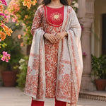 Front full length view of a model in a premium red pashmina silk printed kurta set featuring elegant circle motif patterns, paired with straight trousers and a matching printed dupatta.