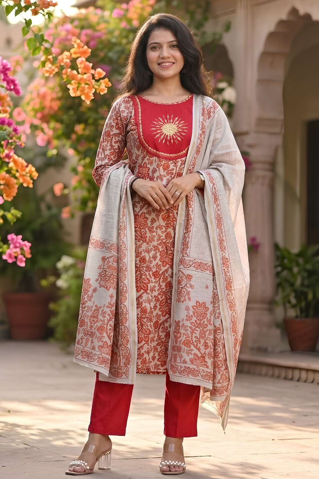 Front full length view of a model in a premium red pashmina silk printed kurta set featuring elegant circle motif patterns, paired with straight trousers and a matching printed dupatta.