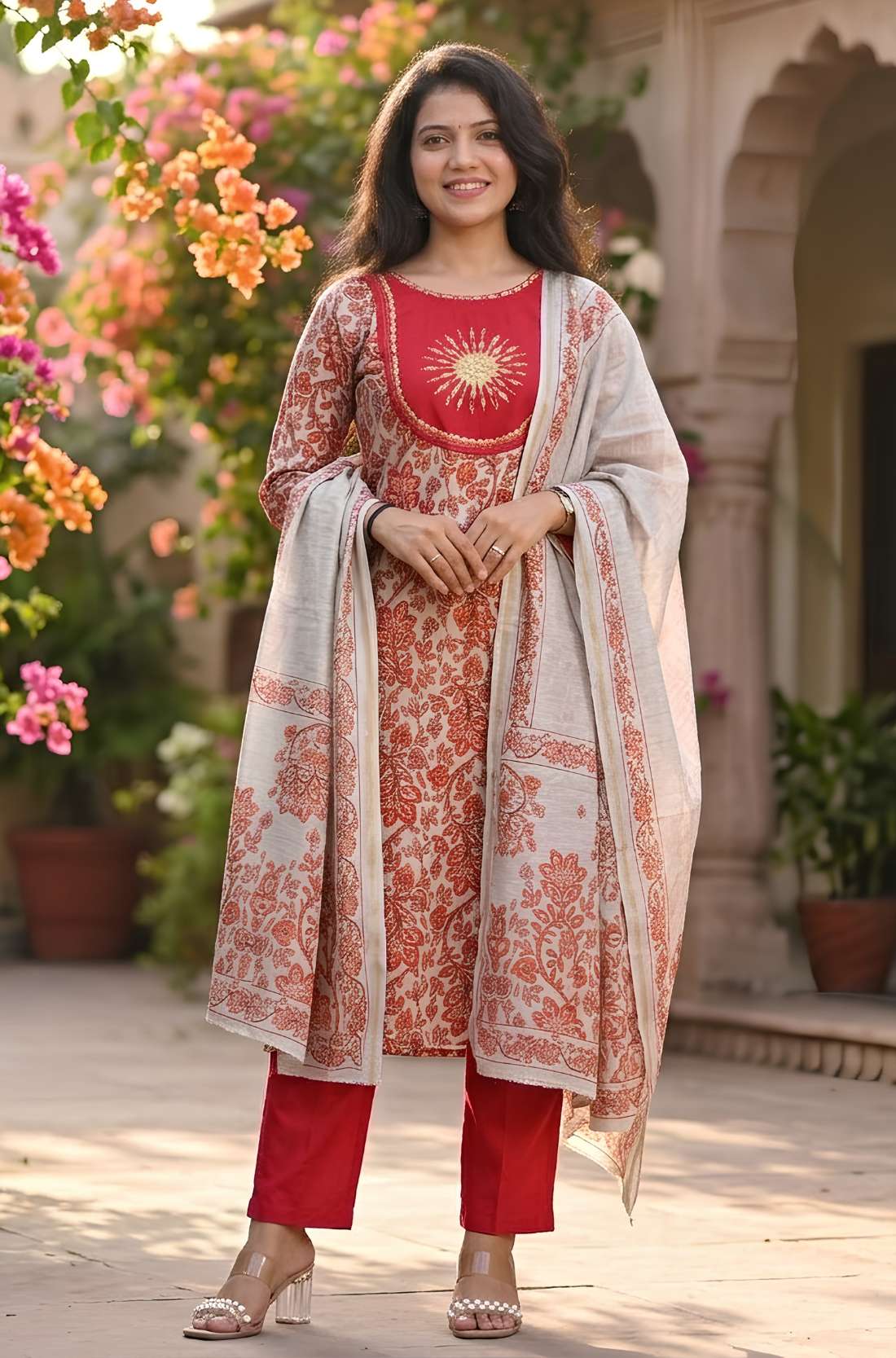 Front full length view of a model in a premium red pashmina silk printed kurta set featuring elegant circle motif patterns, paired with straight trousers and a matching printed dupatta.