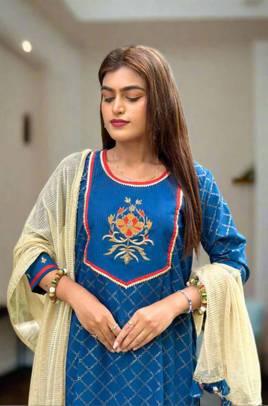 Royal blue hand embroidery kurta set front view