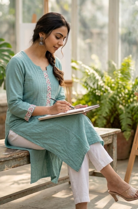 A woman sitting on a wooden bench sketching in a notebook, wearing a sea-green embroidered kurta.