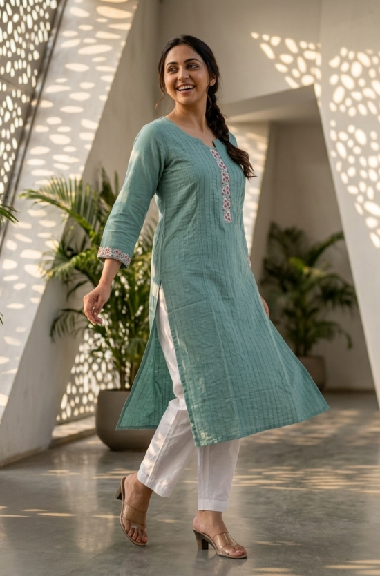 A woman walking in a garden wearing a sea-green kurta, showcasing the flow and drape of the fabric.