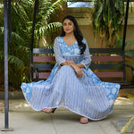Sky blue white muslin flared kurti with 3/4 sleeves and floral geometric print, front view