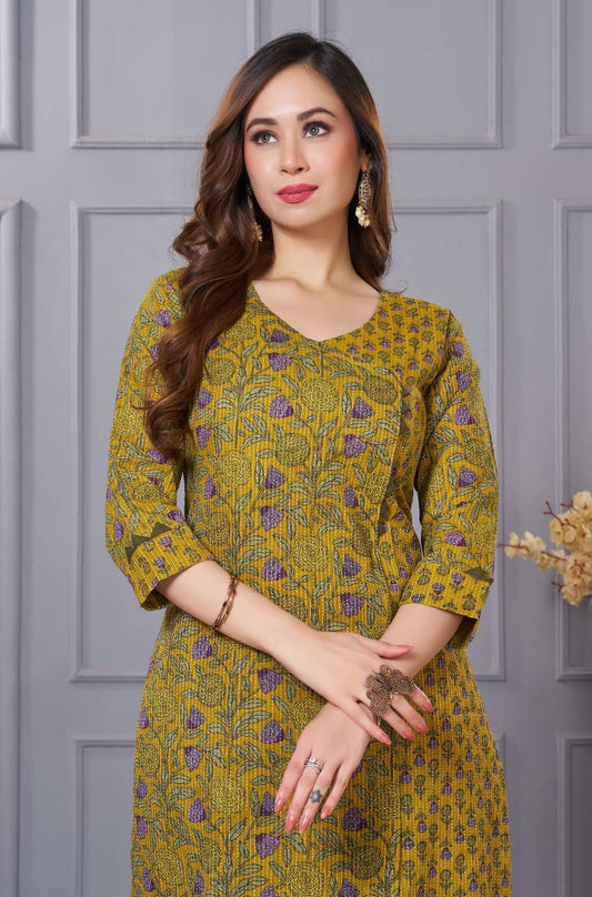 Vibrant Bloom Cotton Floral Kurta Set – Mustard Yellow
