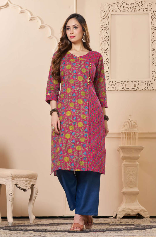 Vibrant Bloom Cotton Floral Kurta Set with Straight Pant – Pink Piano