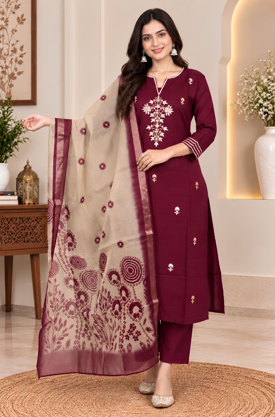 Wine 3-piece kurta set for women with Aari embroidered kurta, straight pants and printed Chanderi dupatta