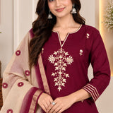 Wine Aari embroidered silk blend kurta set for women with detailed neckline embroidery and Chanderi dupatta