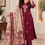 Wine embroidered kurta set for women with straight pants and printed Chanderi dupatta
