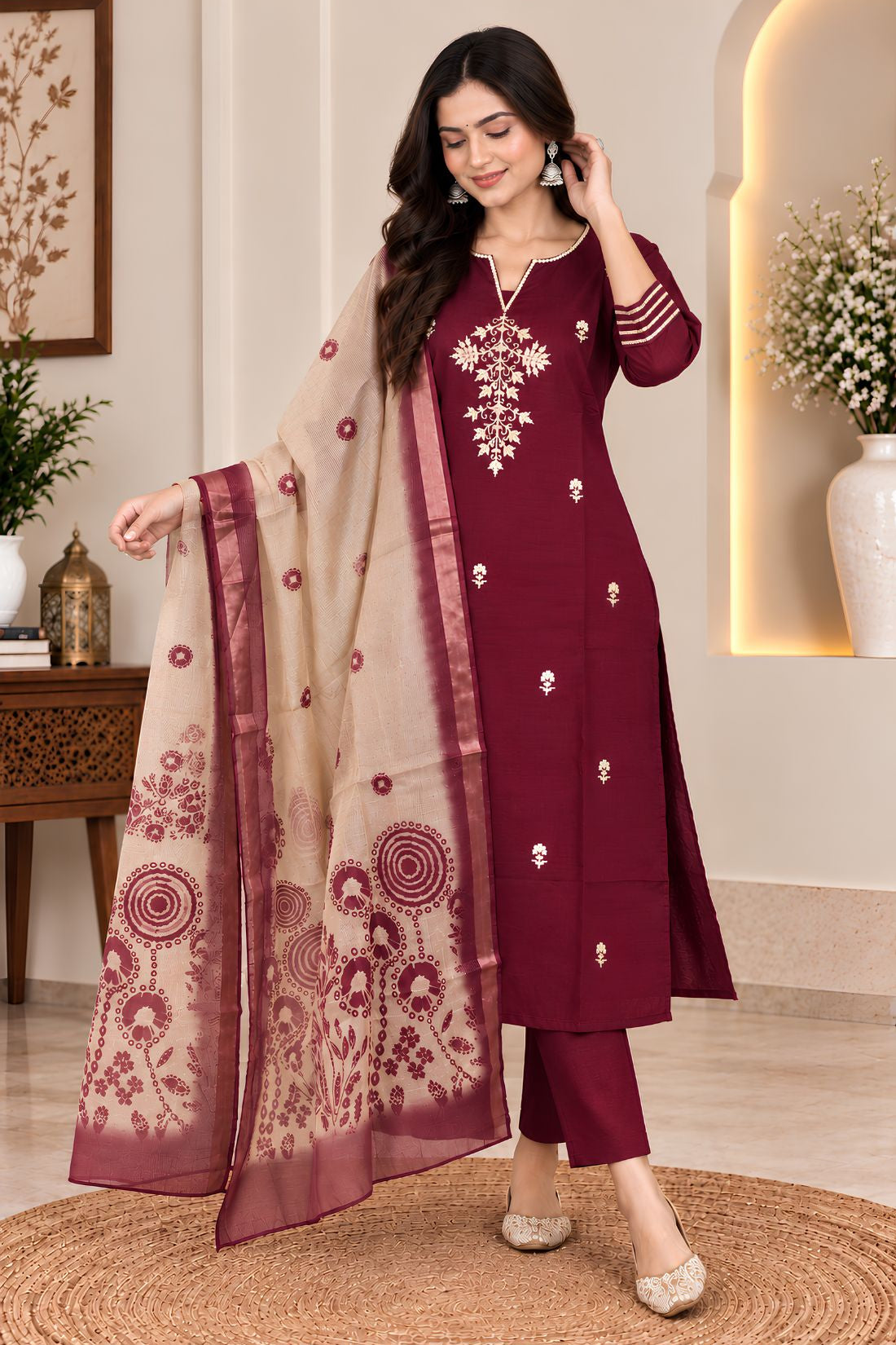 Wine embroidered kurta set for women with straight pants and printed Chanderi dupatta