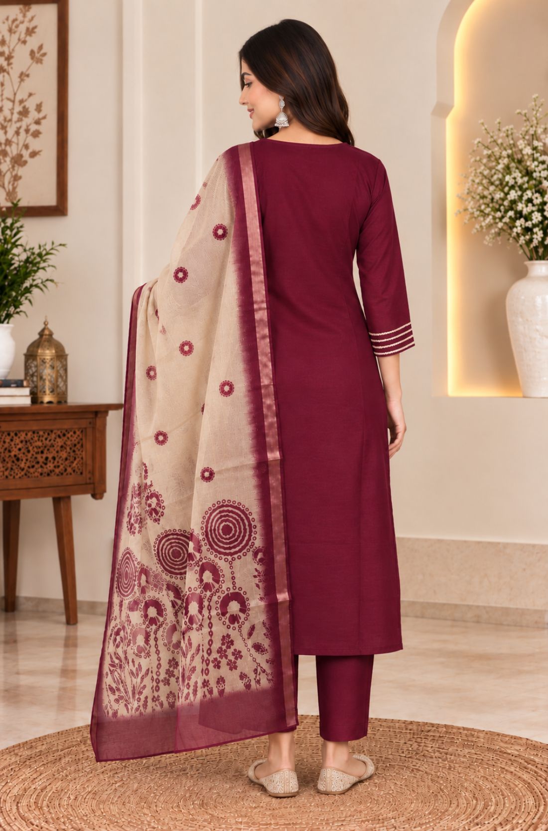 Back view of wine silk blend kurta pant set for women with printed Chanderi dupatta