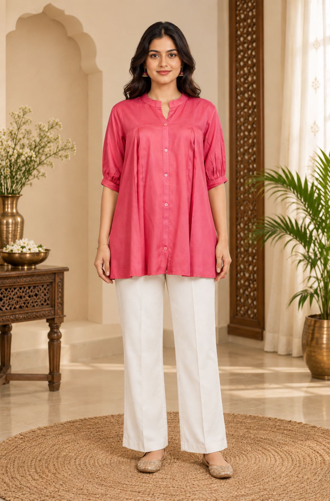 Full-length front view of a woman wearing a dark peach rayon pleated tunic top paired with white straight-leg trousers.