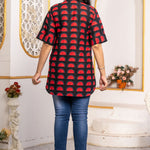 Back view of Women's Geometric Hand Block Print Pure Cotton Shirt Style Kurti displaying all-over handcrafted geometric block print and relaxed hip-covering fit.