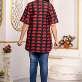 Back view of Women's Geometric Hand Block Print Pure Cotton Shirt Style Kurti displaying all-over handcrafted geometric block print and relaxed hip-covering fit.