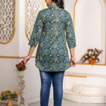 Back view of Women's Geometric Hand Block Print Pure Cotton Shirt Style Kurti in blue and olive green featuring an all-over handcrafted geometric block print and relaxed fit.