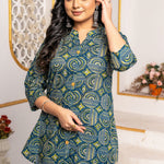 Close-up of Women's Geometric Hand Block Print Pure Cotton Shirt Style Kurti in blue and olive green showcasing handcrafted geometric print, stand collar, and wooden buttons.