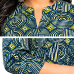 Detail view of Women's Geometric Hand Block Print Pure Cotton Shirt Style Kurti highlighting the stand collar, wooden buttons, handcrafted geometric print, and premium cotton fabric.